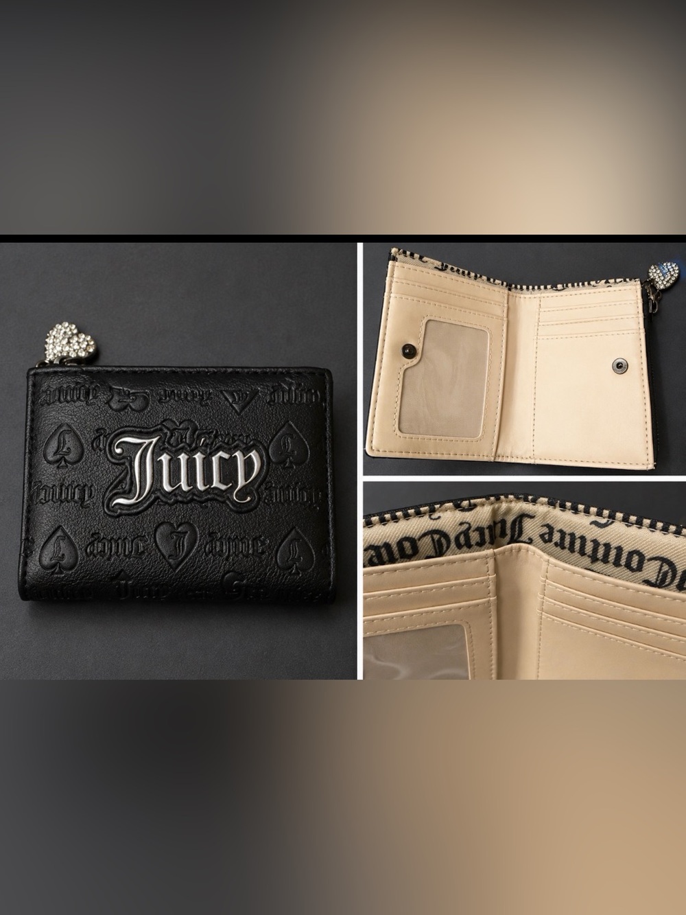 Juicy Couture Black Embossed Leather Bi-Fold Wallet with Cream Interior